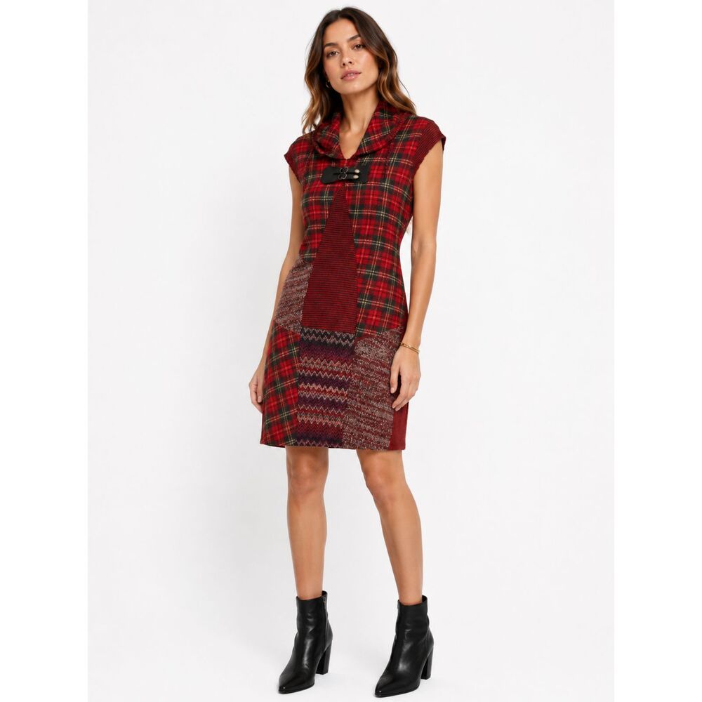 Vintage Patchwork Plaid Sweater Dress Lanvie Grunge Cowl Neck Cottagecore Size L
